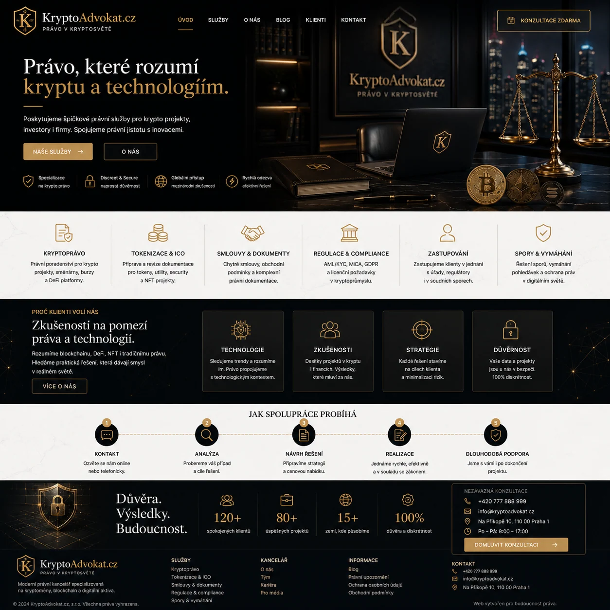 Tmavě laděný návrh webu KryptoAdvokat.cz s právními službami pro kryptoměny a digitální aktiva